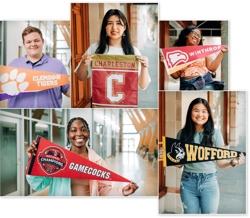 A collage of smiling recipients holding their college flags. 